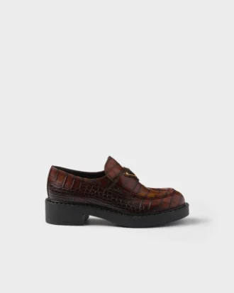Chocolate Crocodile-Print Leather Loafers