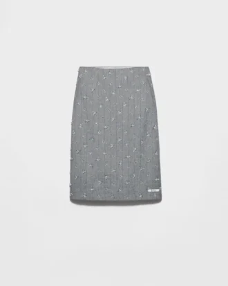 Embellished Pinstripe Wool Midi-Skirt