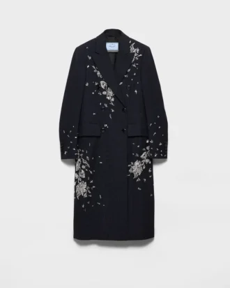 Embroidered Double-Breasted Rush Stitch Wool Coat