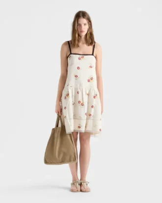 Embroidered Linen Mini-Dress with Floral Motif