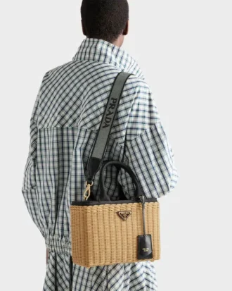 Medium Wicker and Canvas Tote Bag