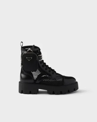 Mesh Fabric and Brushed Leather Booties with Pouch