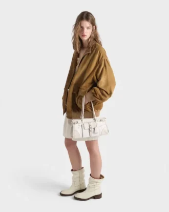 Prada Bonnie Medium Printed Linen and Leather Handbag