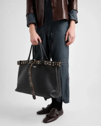 Prada Buckle Leather Bag with Studded Belt