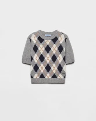 Short-Sleeved Argyle Knit Cashmere Sweater